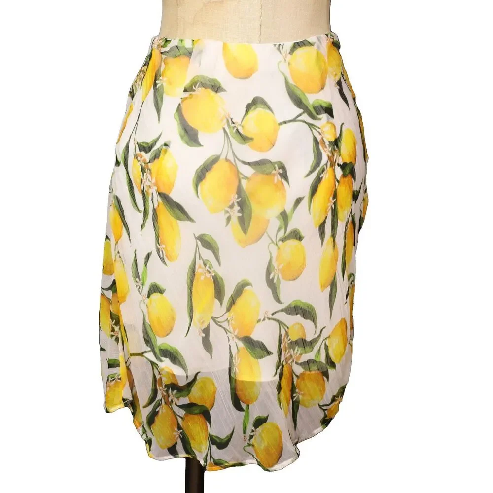 J.CREW Limoncello Print Mini Skirt XXS Pull On Lemons White Yellow Chiffon A3